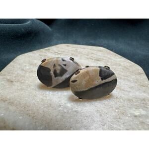Vintage 1960’s Banded Agate Stone Cufflinks Gold Tone Oval Natural Stone Mens